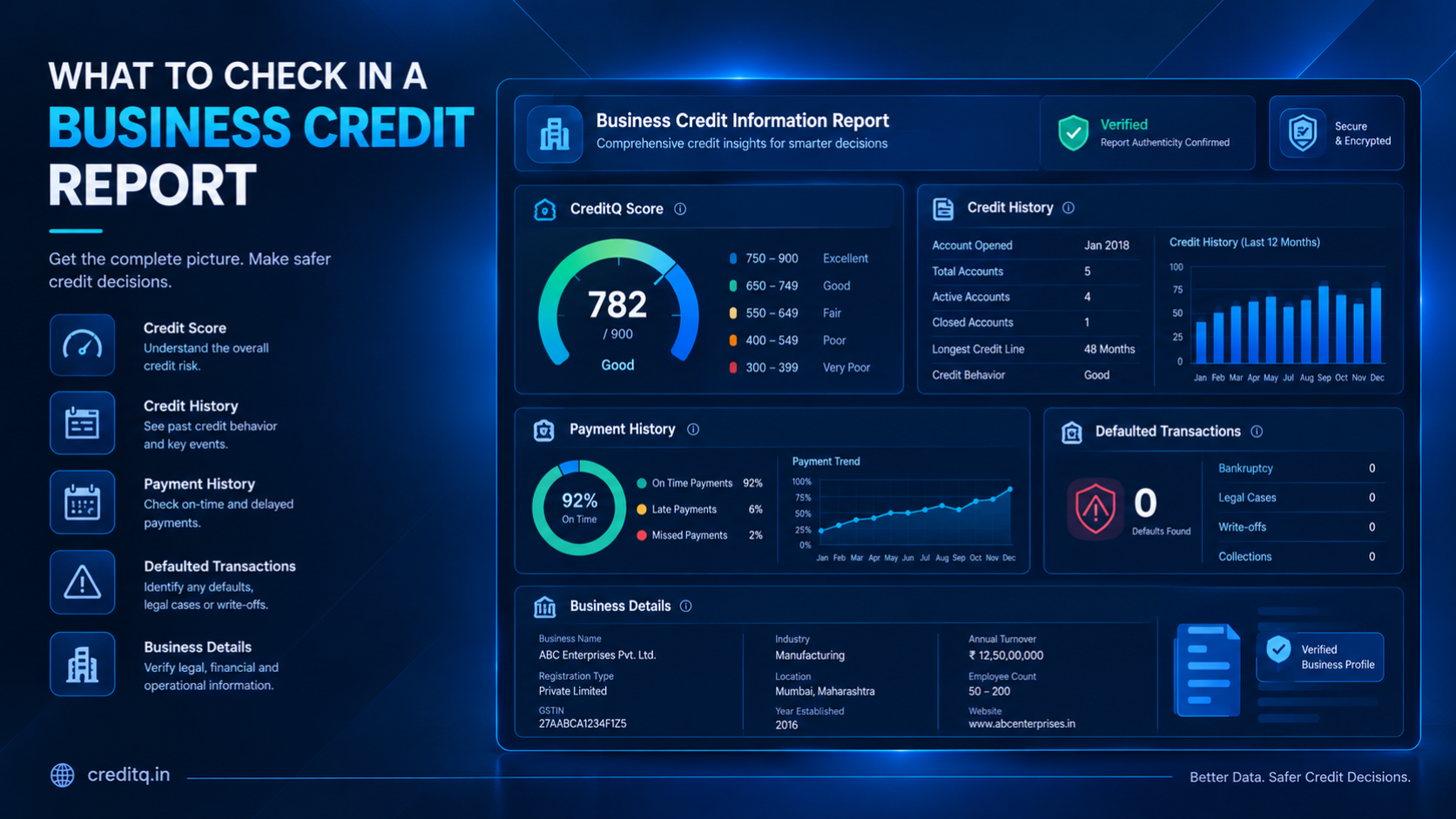 Business Credit Information Report showing credit score payment history and default records