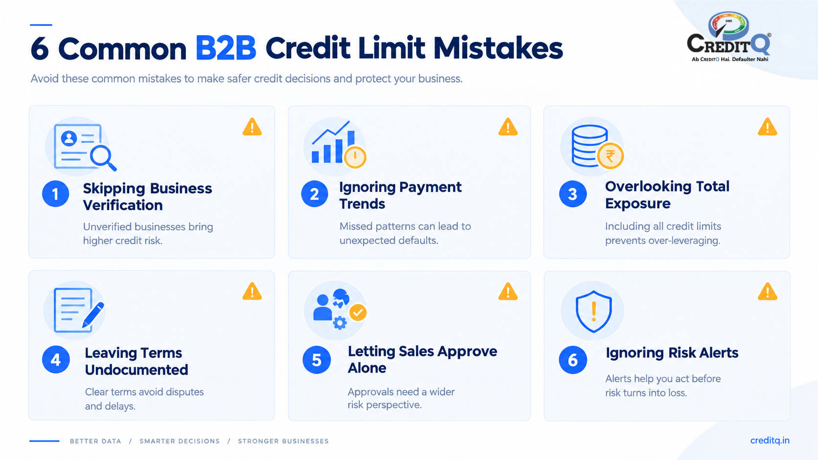 Six common B2B credit management mistakes involving verification, payment monitoring, exposure and approval controls